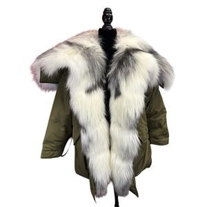 Saga Furs Green Parka Real Fox Fur Trim Down Coat Luxury Winter Jacket S